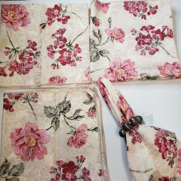 So Pretty Country French Cottage Pink Floral Fabric Napkins Set of 4 19" - Picture 5 of 6
